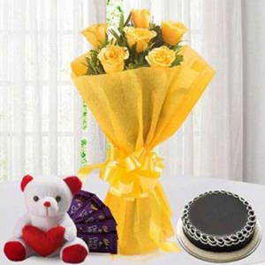 Yellow Rose & Cake With Chocolate N Teddy